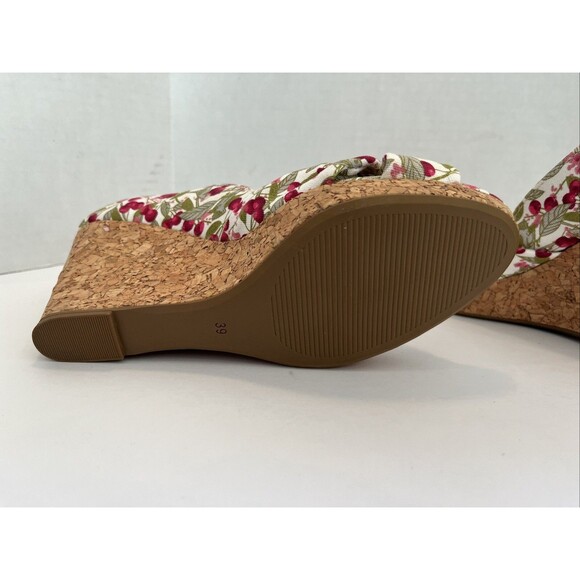 H&M Cork Wedge High Heels Canvas Cherries Peep Toe Size 8 - Picture 8 of 11
